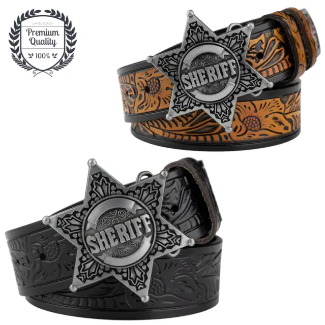 GENUINE Mens LEATHER Luxury Belt Fashion Casual Jeans Cowboy Sheriff Buckle