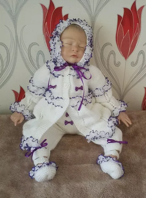 Tenue bébé fille veste pantalon chapeau chaussures laine tricotée à la main 0-3 mois blanc