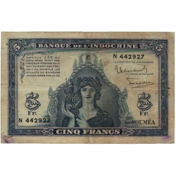 [#806856] Banknote, New Caledonia, 5 Francs, KM:48, AU