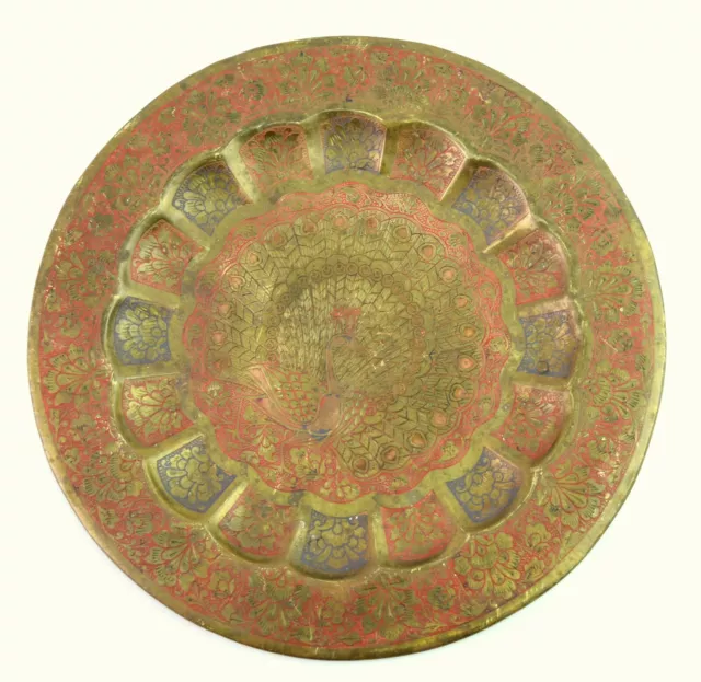 Old Vintage Peacock Design Enamel Inlay Work Brass Plate Wall Décor. G26-69