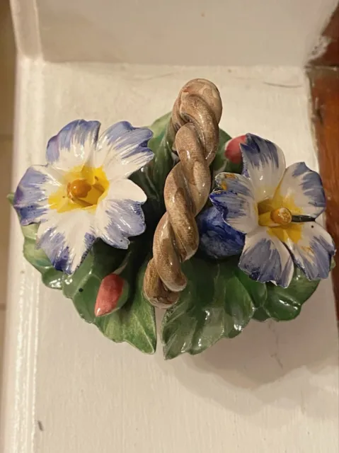 Vtg Nuova Capodimonte Porcelain Brow Basket, Iris Flowers-Italy Collectible Dec