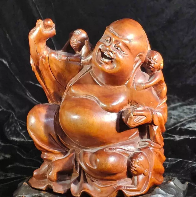 Vintage Chinese Laughing Smiling Buddha With Children Carved Boxwood Figure