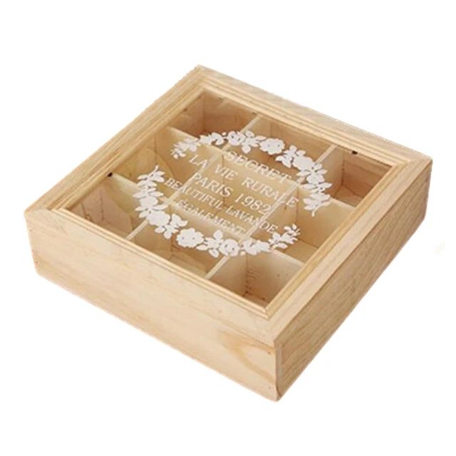 Boîte Rangement Bois Couvercle Verre Vintage - Boîte à Bijoux L