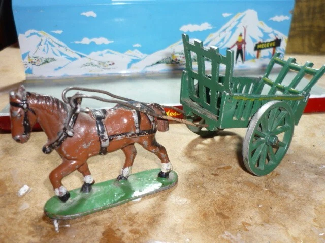 Ancien Jouet En Bois - Attelage Cheval à Roulettes Avec Remorque - Style Dejou - 1920
