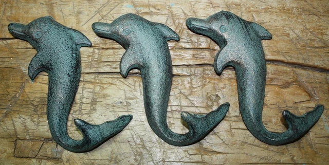 3 Cast Iron Antique Style DOLPHIN Coat Hooks Hat Hook Rack Towel Nautical Beach