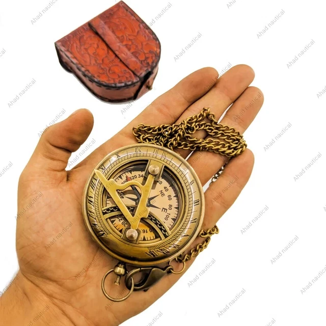 Brass Sundial Compass With Leather Case | Confirmation Gift, Baptism Gift, Worki