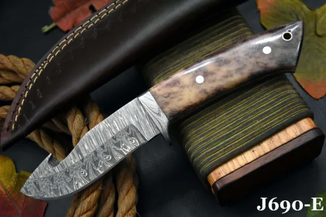 Custom Damascus Steel Gut Hook Hunting Knife Handmade,Camel Bone Handle (J690-E)