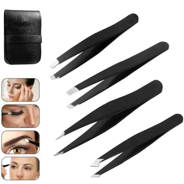 Tweezers Set 4-Piece Professional Stainless Steel Eyebrow Hair Pluckers + Case