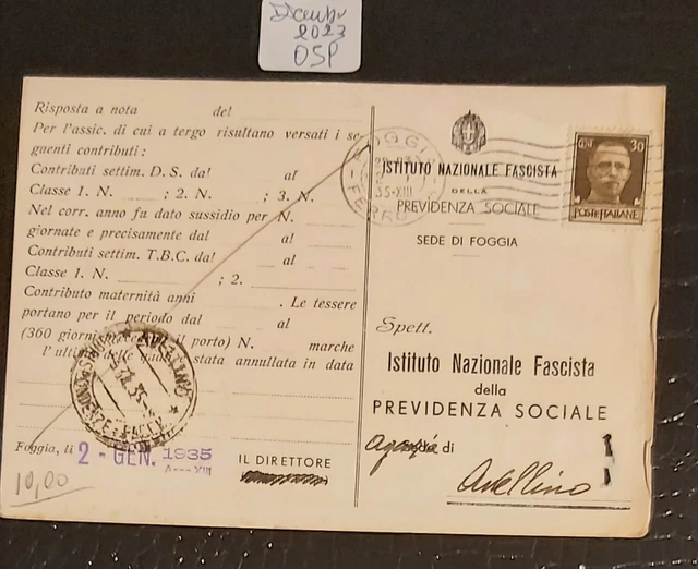Cartolina: ISTITUTO NAZIONALE FASCISTA PREVIDENZA SOCIALE FOGGIA 1935 + OMAGGIO