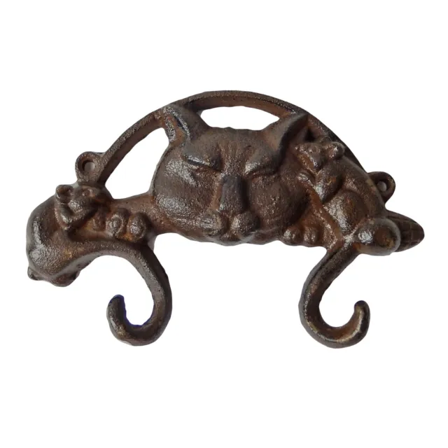 Cast Iron Cat Mouse Tail Double Wall Hook Key Towel Coat Hanger Rustic Brown