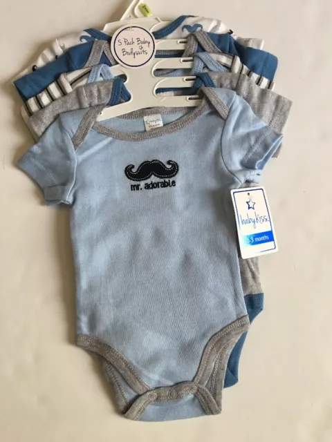 Baby Kiss 5 Boy Bodysuits Rompers Size 3 6 Months Layette Blue Gray Mustache