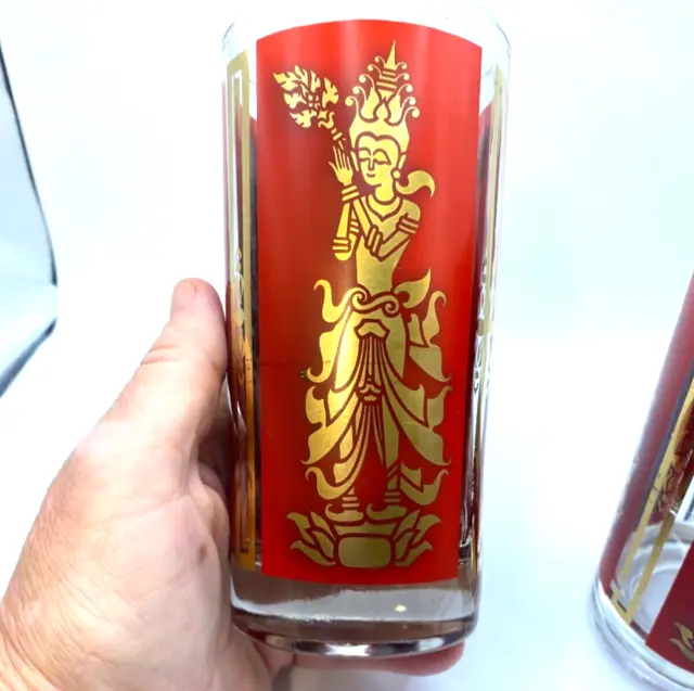 1960 Mid Century Culver Red Gold Siam Thai Goddess Drinking Glass Tumblers PAIR