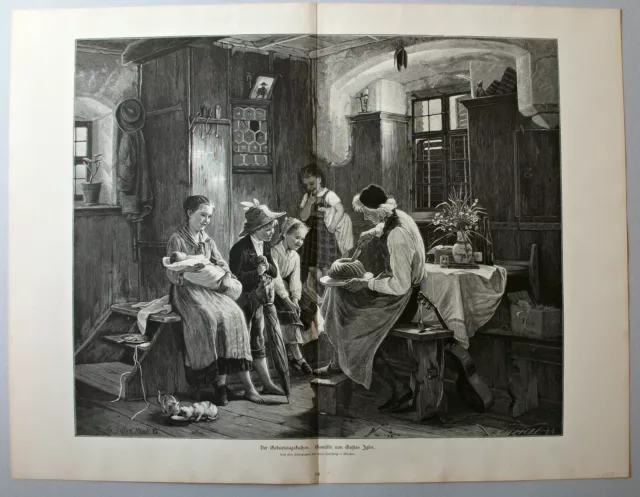 Backen, Kuchen - Der Geburtstagskuchen - Stich nach G. Igler 1884