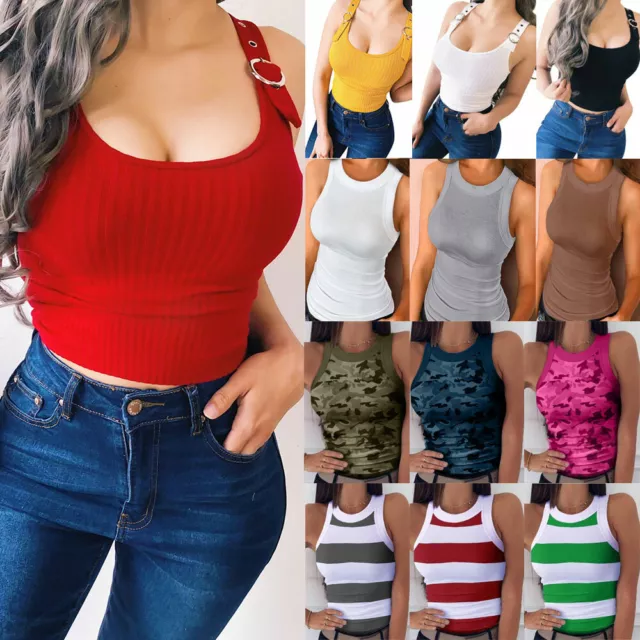 Womens Sleeveless Crop Top Ladies Cami Vest T Shirt Sports Tank Tops Blouse Tees