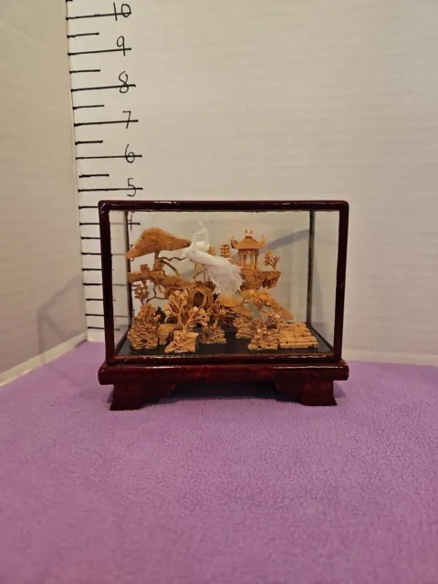 San You Chinese Cork Carving Diorama in Glass Case