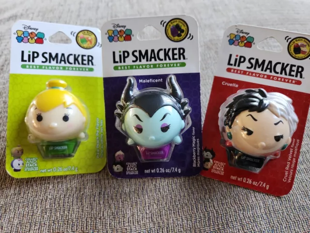 3 New Packages Lip Smackers Disney Tsum Tsum Lip Balm Cruella Maleficent Pixie