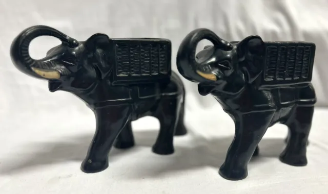 Vintage Pair Black Elephants Ceramic Planters Plant Holders Trunk Up 16cm x 27cm