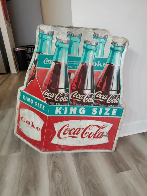 c.1950s Original Vintage Coca Cola Sign Metal Embossed King Size 6 Pack Bottles