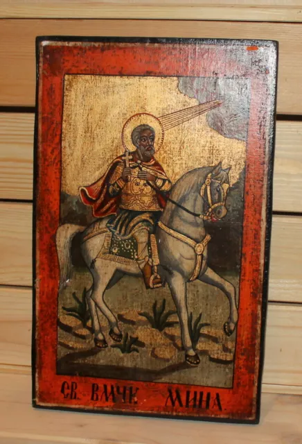 Vintage hand painted Orthodox icon Saint Menas