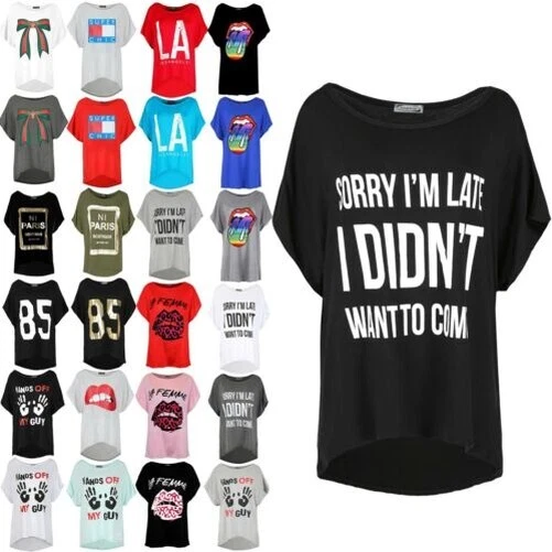 Donna Sorry i Am Late Largo Lagenlook Oversize Spalla Scoperta T Shirt Maglietta