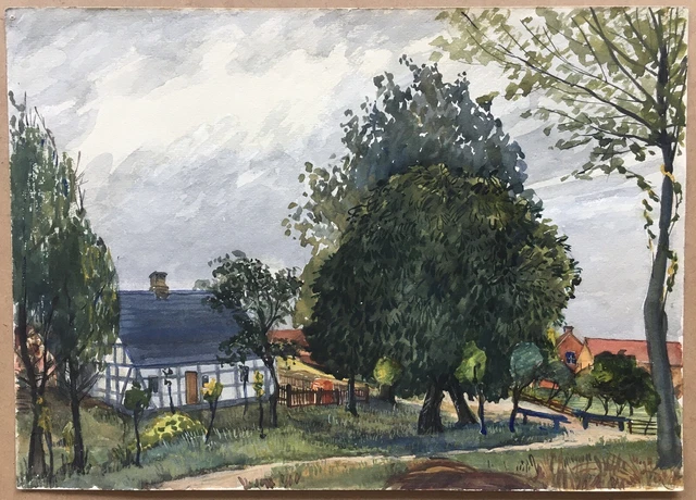 Aquarelle Brandenburg Maison à Colombages de Campagne Dans Village Um 1900