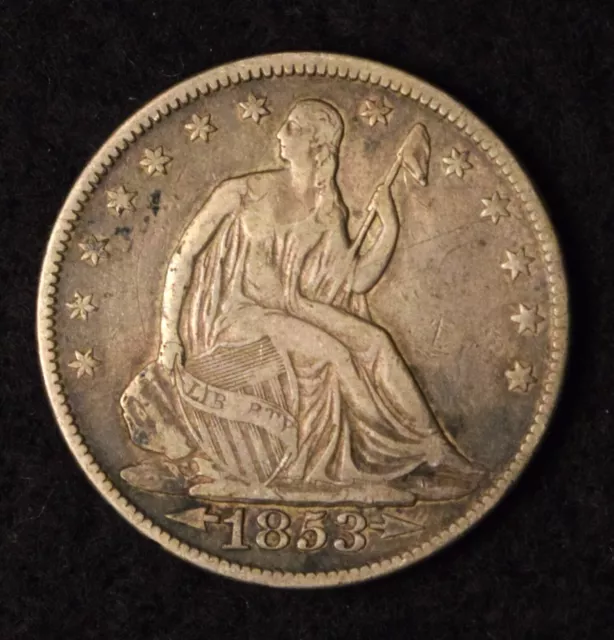 1853 Seated Liberty Silver Half Dollar W/ Arrows & Rays