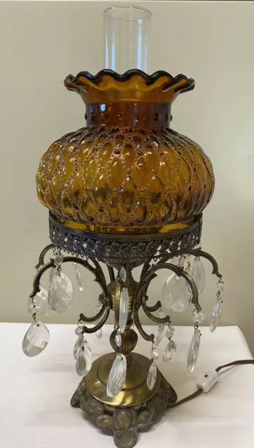 Ornate Brass Hurricane Parlor Lamp w Fenton Quilted Amber Glass Shade & Prisms