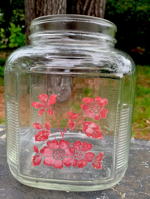 vintage clear glass Jar, Anchor Hocking, ribbed, hoosier, red flowers, W/o Lid
