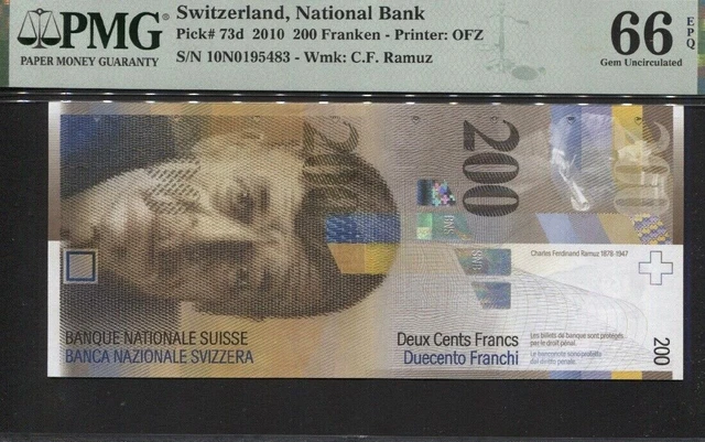 SWITZERLAND, NATIONAL BANK 2010 200 FRANKEN, PMG-66 EPQ, P-73d
