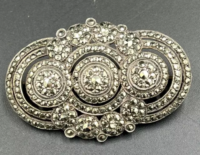 Large Antique 800 Solid Silver Brooch Set with Marcasite Art Deco