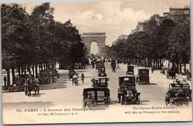 Paris France L'Avenue des Champs-Elysees Old Cars Antique Postcard B16
