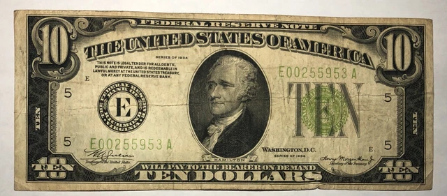 1934 $10 Federal Reserve Note FRB E Richmond FR2004E Fine, lt green. #44