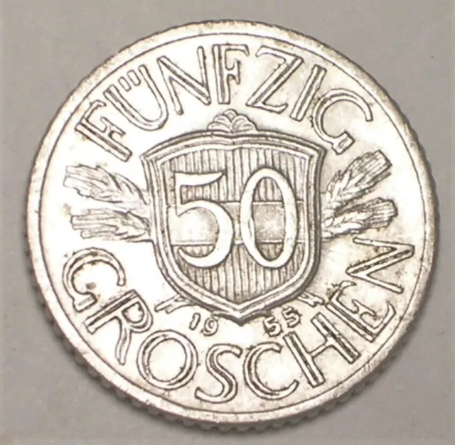 1955 Austria Austrian 50 Groschen Shield Eagle Coin XF