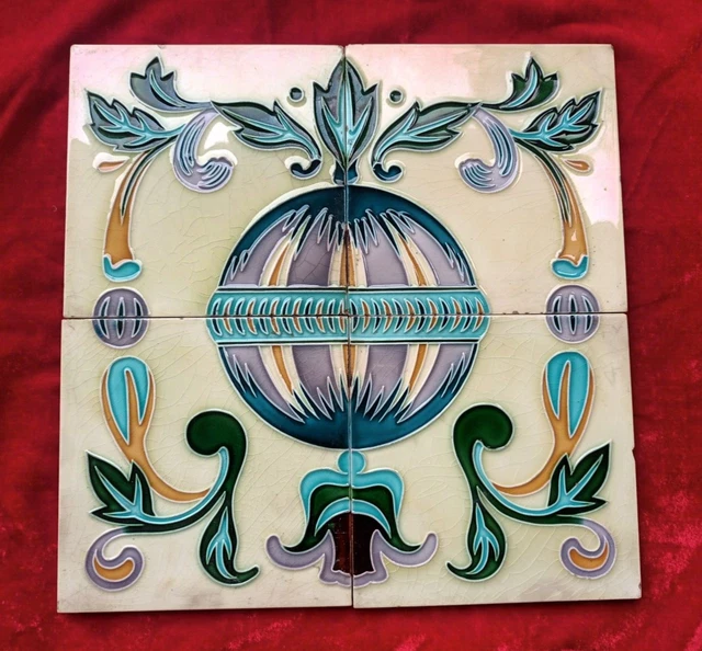 4 Piece Set Old Art Flower Design Embossed Majolica Ceramic Tiles Japan 0415