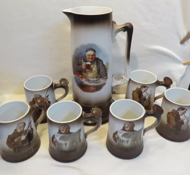 RARE SET! Antique Laughlin Art China Monk Beer Tankard Pitcher with 6 Beer Mugs 2