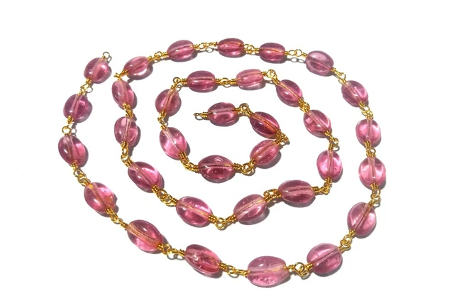 10 Feet Pink Tourmaline Quartz Oval 5x7mm Hydro Beads, Rosary Chain Gold Wire