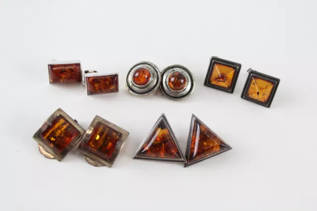 Sterling Silver Amber Earrings Modernist Clip On Stud x 5 (25g)