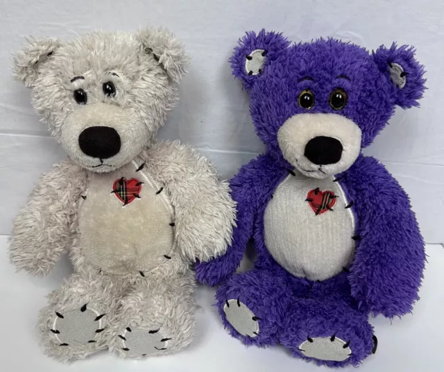 FIRST & MAIN TENDER TEDDY Cream And Purple Stitched Heart Patch Bear Lot Of 2