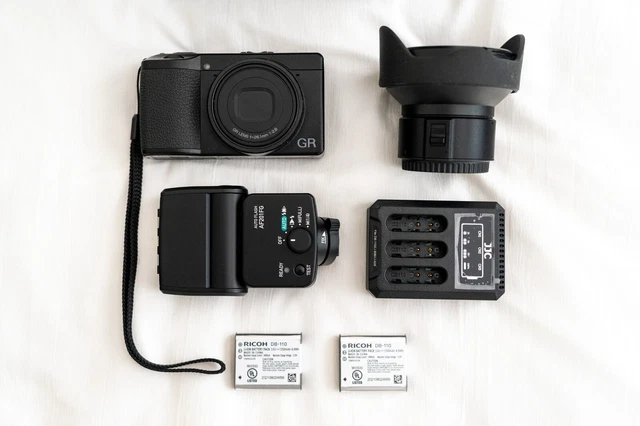 Ricoh GR IIIx w/ GW-4 Wide Conversion Lens, Pentax AF201FG Flash and x3 Battery