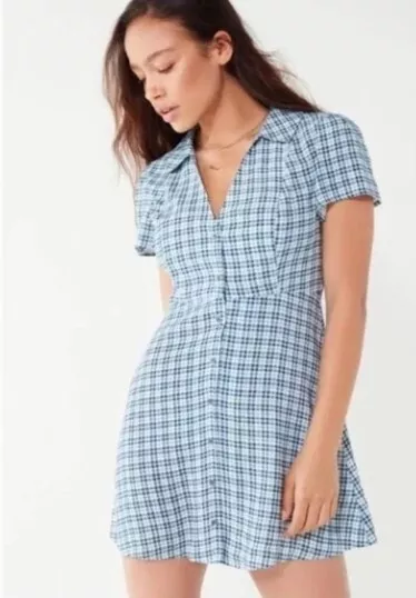 Urban Outfitters Blue & White Plaid Mallory Button Down 90's Inspired Mini Dress