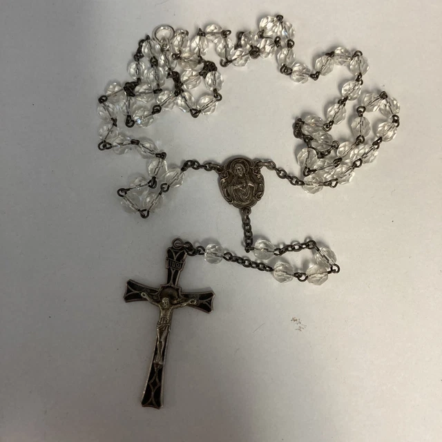 Sterling Silver Clear Cut Crystal Beads Rosary Catholic Holy Cross Crucifix