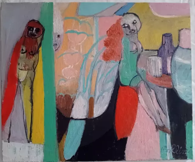 Dipinto Tre Donne nude al bar Quadro Olio su tela 60x50 cm Firmato