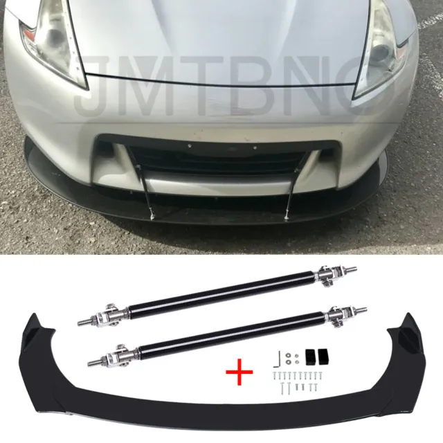 For Nissan 370Z 350Z Glossy Black Front Bumper Lip Spoiler Splitter + Strut Rods