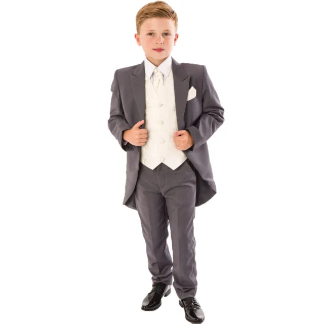 Boys Grey/Cream Swirl Tailcoat Suit 5 pc wedding suit party pageboy formal