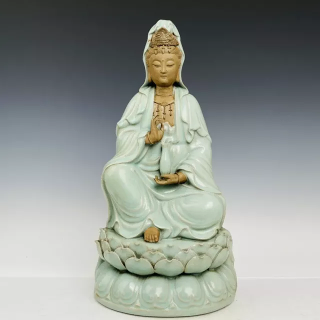 18.5" Old Porcelain Song dynasty ru kiln cyan glaze lotus guanyin Buddha statue