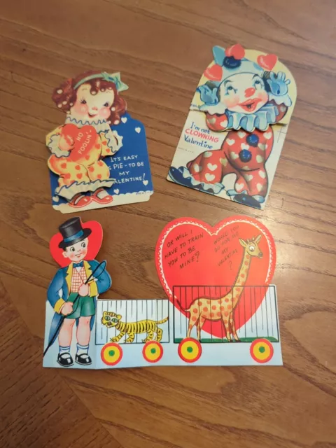 3 Fun Vintage Valentine's Day Cards Circus Girl Clowns Giraffe Tiger Lion Tamer