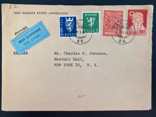 1936 Oslo Norway Commercial Airmail Cover To New York USA