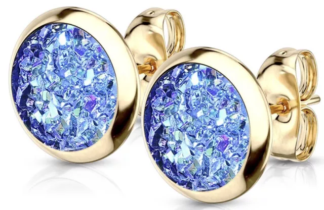 *NEW & SEALED -High Quality Gold & Blue Druzy Stone  Stud Pair Of Earrings