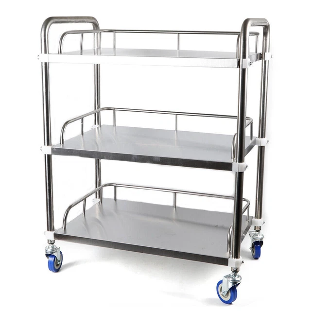 3 Tiers Silver Trolley Stainless Steel Durable Lab Mobile Rolling Serving Cart