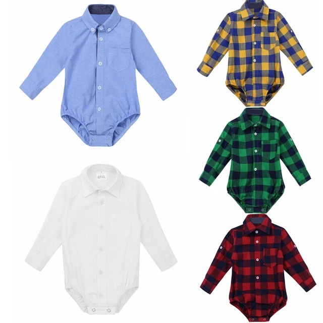 Baby Boys Jumpsuit Long Sleeves Plaid Bodysuit Shirt Formal Party Romper Costume